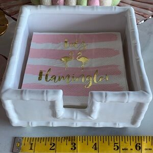 Two’s Company White Ceramic Bamboo Motif Cocktail Napkin Holder 6x6 EUC